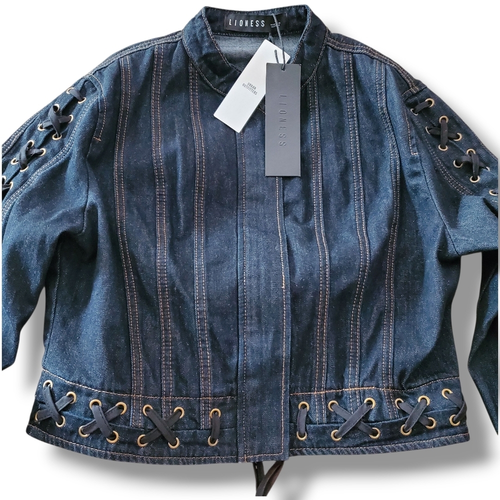 Lioness Dark Indigo Berlin Denim Crop Jacket with Lace-Up Accents Size L US 8 - Picture 6 of 14